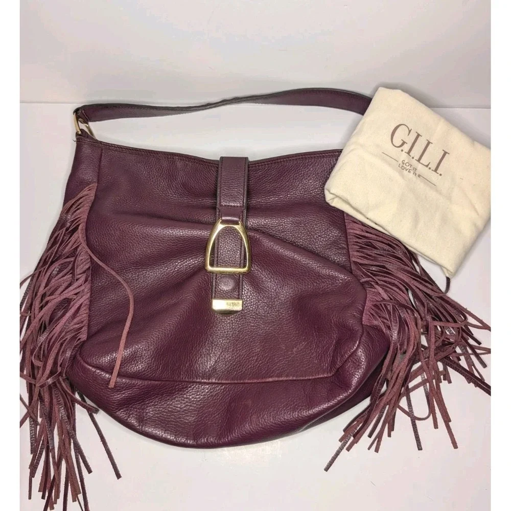 GILI Got It Love It Leather Stirrup Fringe Hobo Bag Oxblood Burgundy w Dust Bag